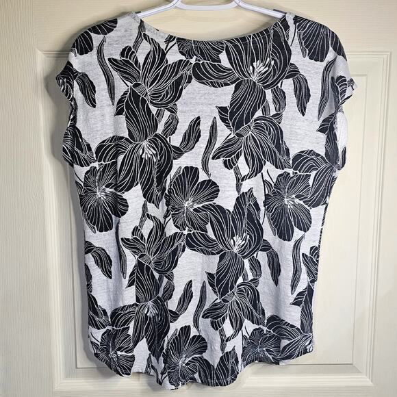 Tahari 100% Linen Floral Blouse-Short Sleeve, Black & White Casual Summer Top, L - Picture 2 of 5